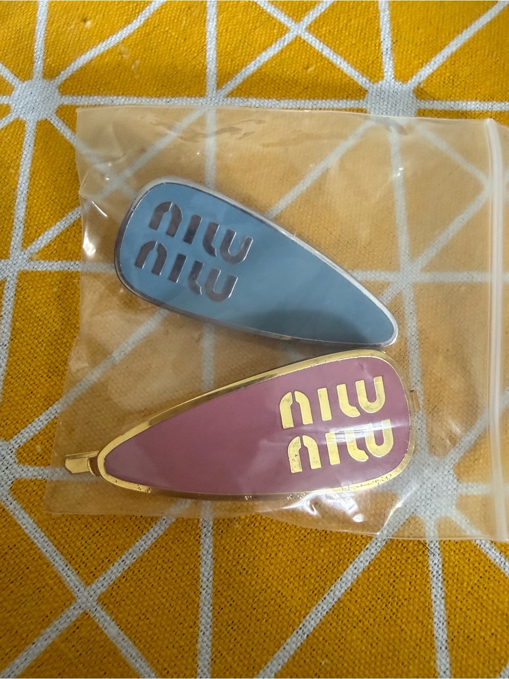 Miu Miu Gold-Trim Pink and Blue Enamel Logo Hair Clips